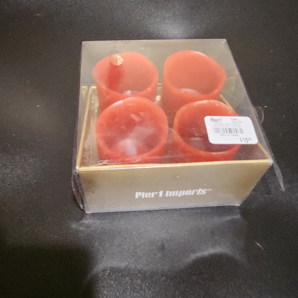 Pier 1 Imports Set of 4 Orange Coral Tea Light Candles New in Box SKU 2714843
